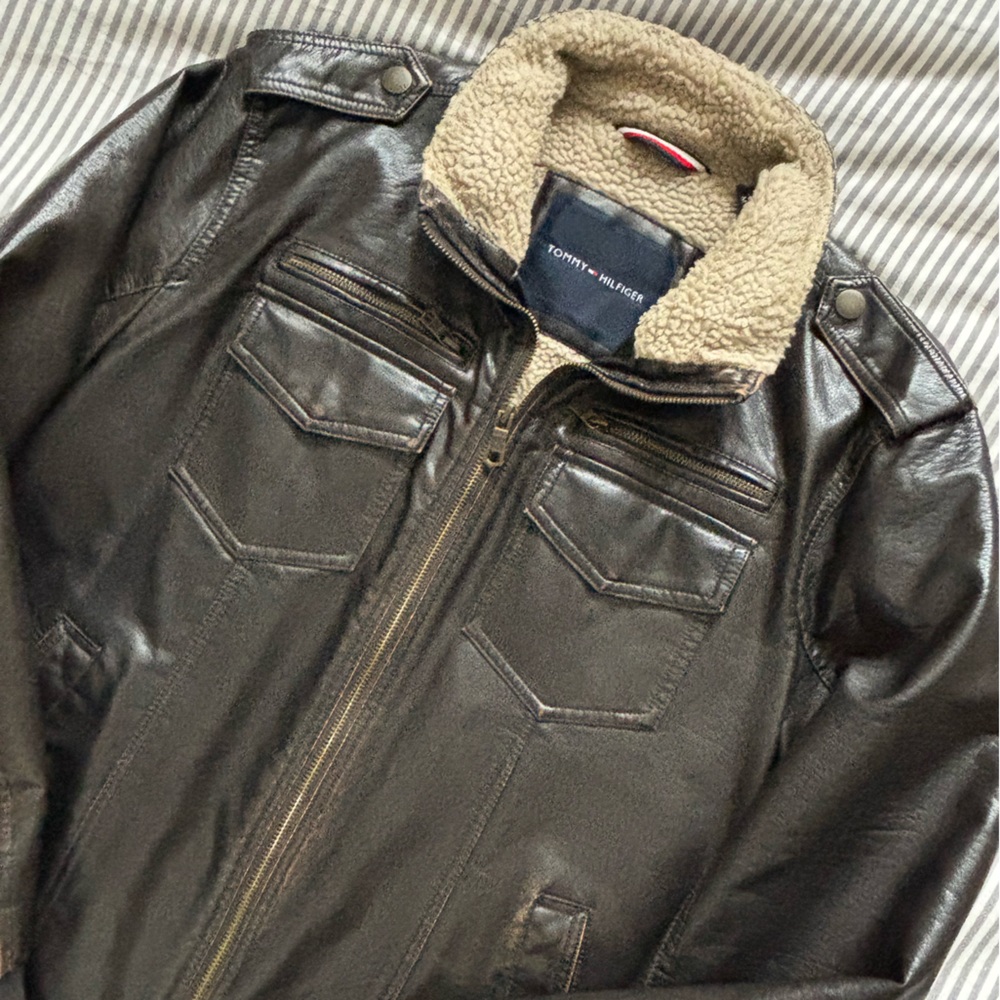 Tommy Hilfiger Men's Dark Brown Leather Bomber Jacket